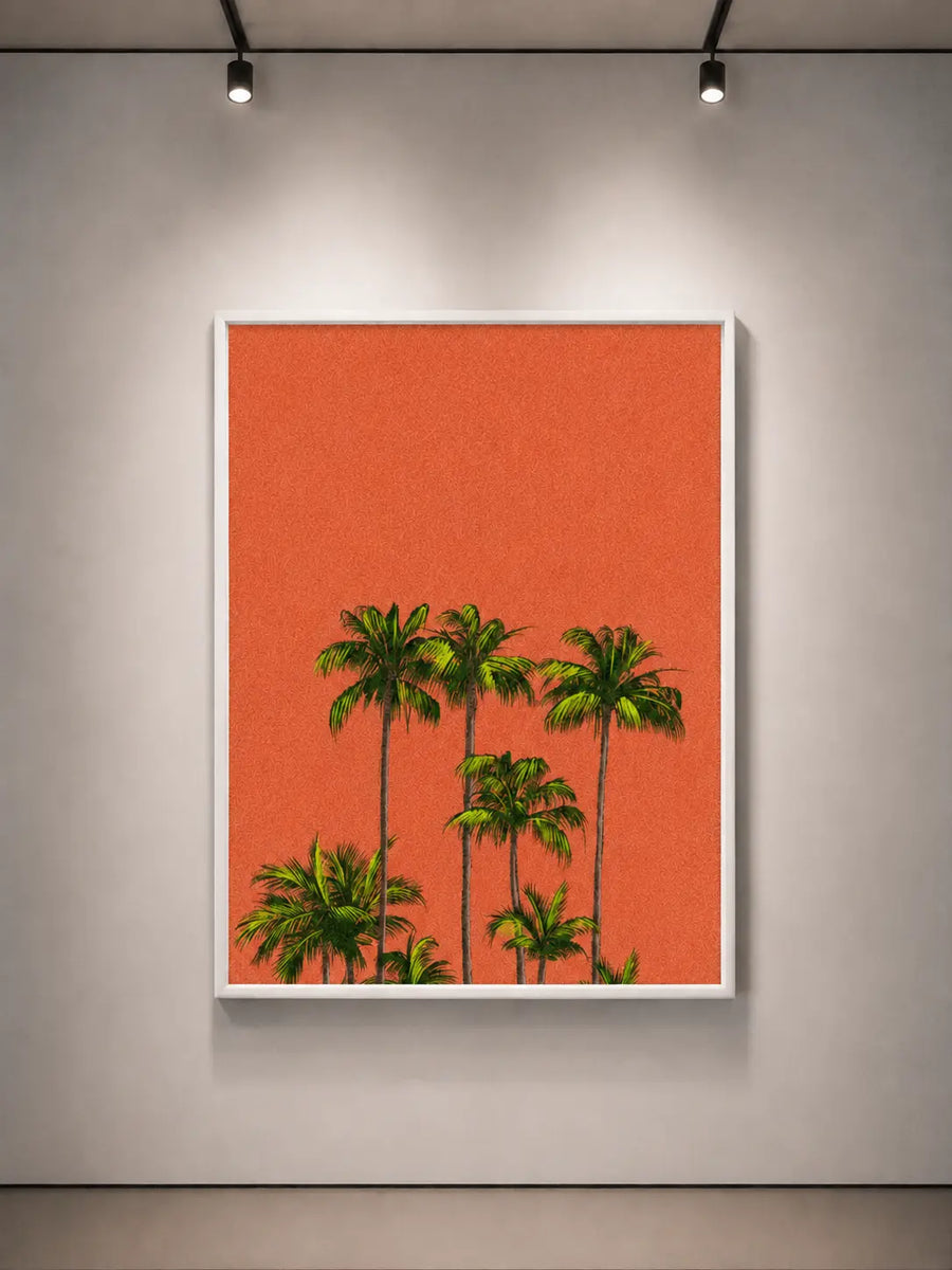 Wandbild mit Palmen, orangefarbenem Himmel, grünen Palmen und weißem Rahmen