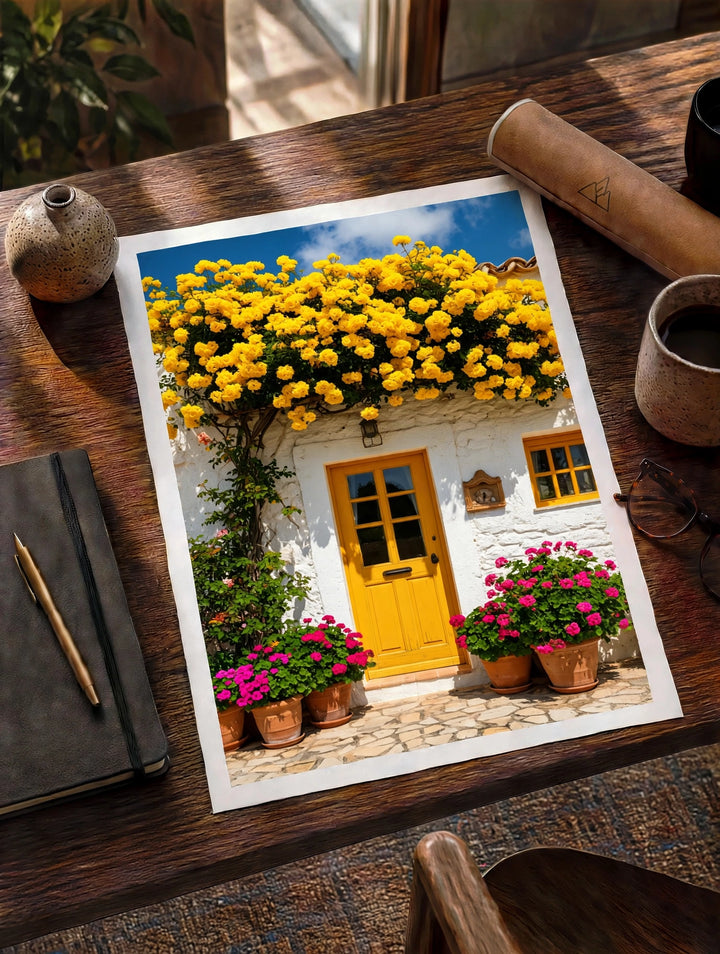 Golden Bloom House Print capturing a flower filled home with lush yellow blooms, rustic stone details, and a welcoming entrance.