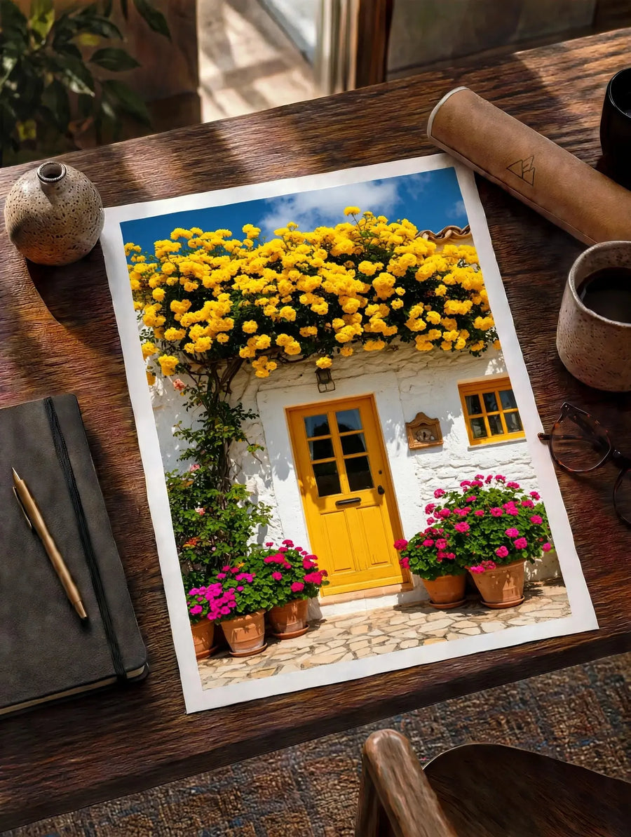 Wall art print of yellow flowering tree with colorful potted flowers and white border