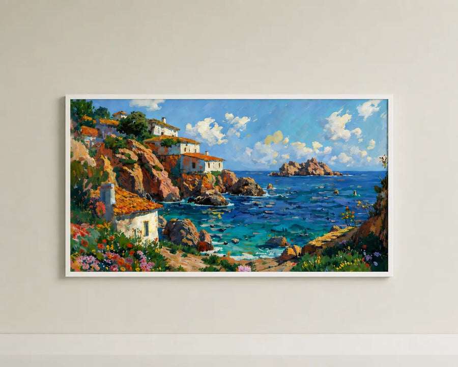 Arte mural de paisaje costero enmarcado con marco blanco, mar azul, acantilados rocosos y flores