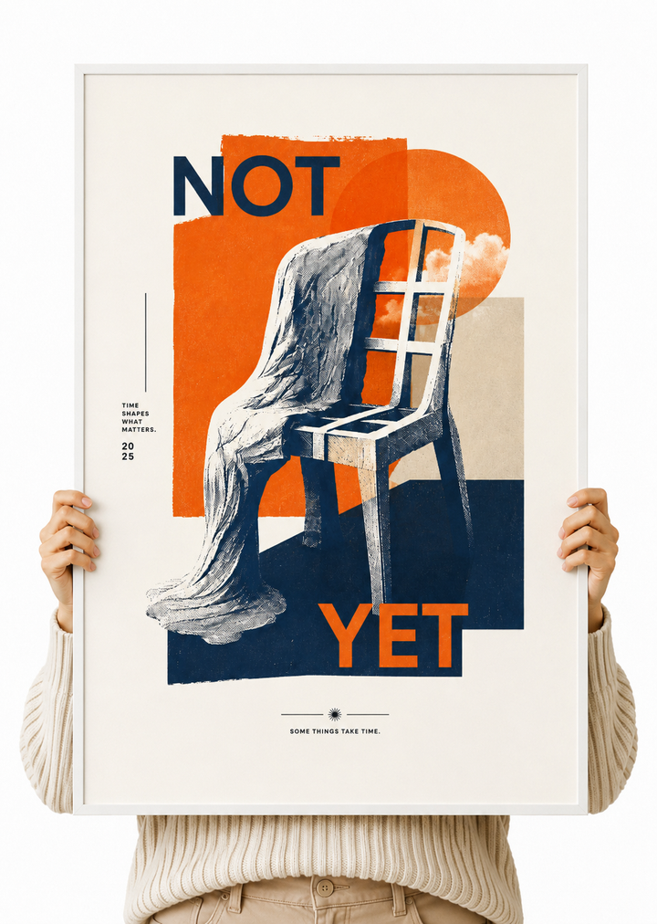Unframed retro wall art poster with abstract chair, “NOT” and “YET” lettering