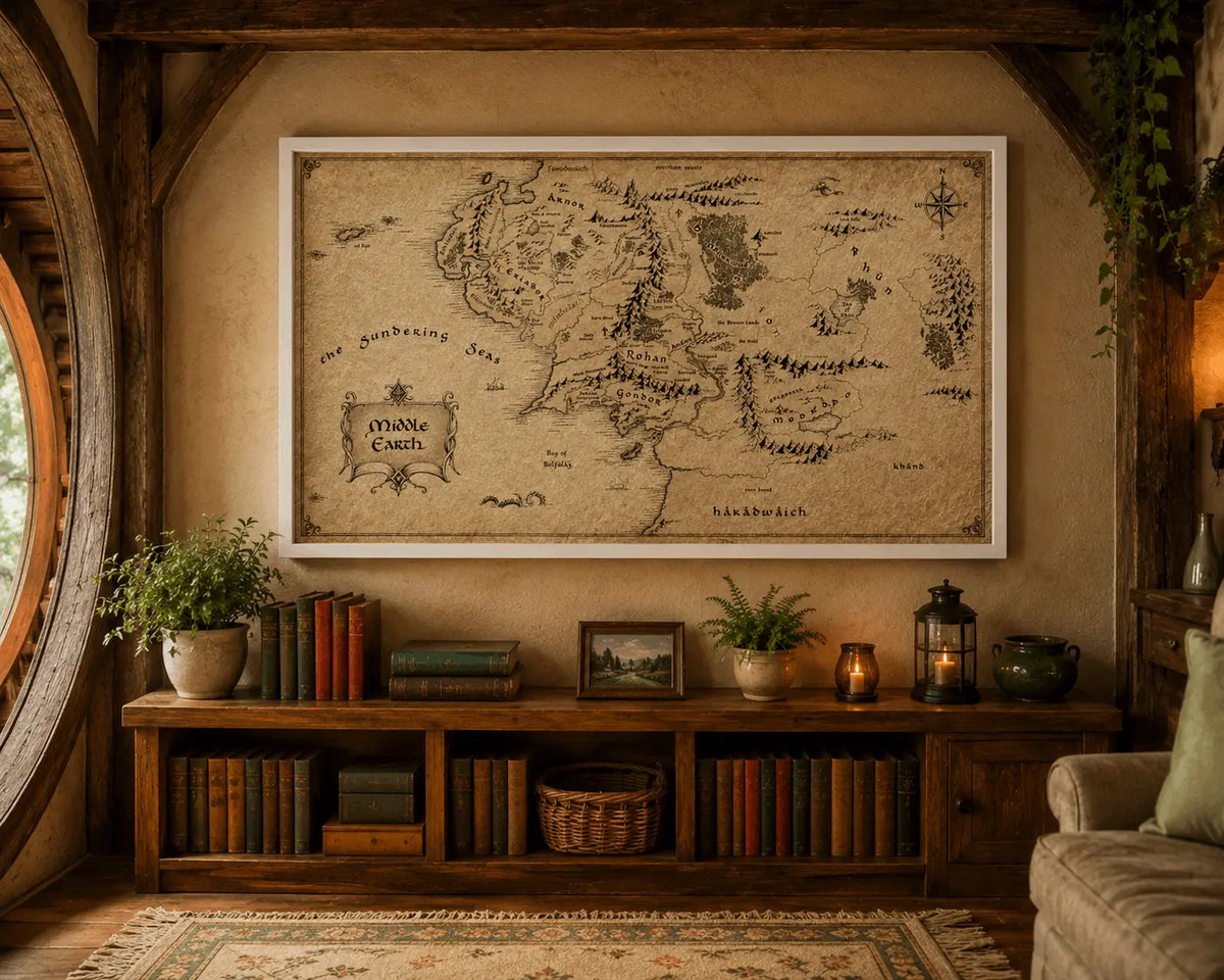 Floating framed parchment fantasy map with compass rose in a wall setting