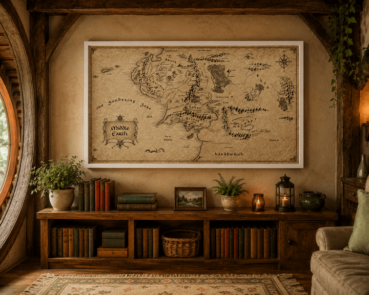 Floating framed parchment fantasy map with compass rose in a wall setting