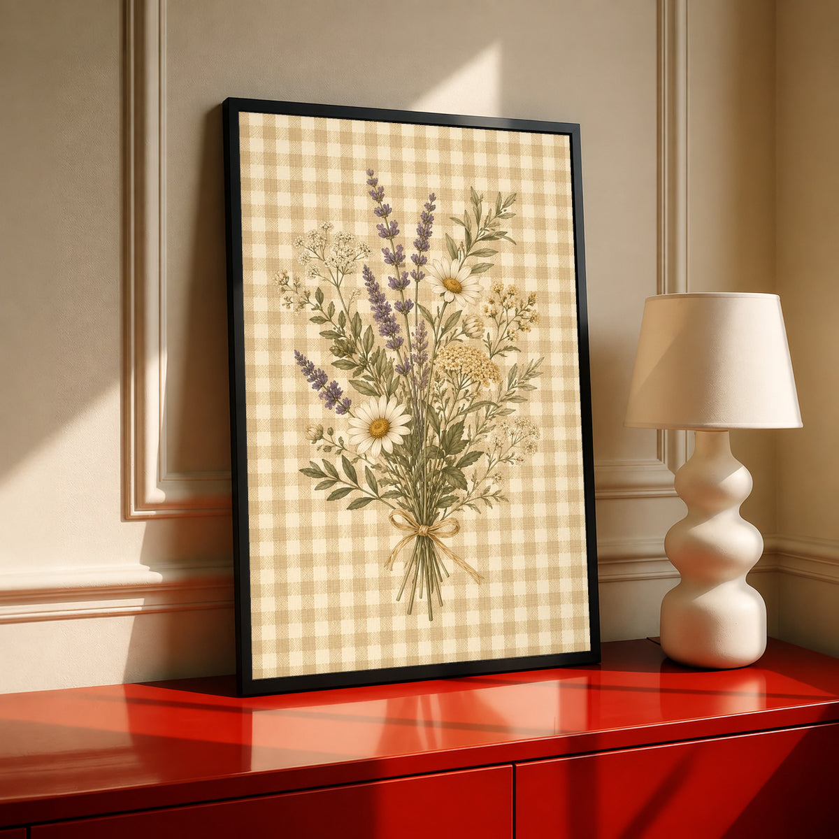 Tied bouquet of daisies lavender toned sprigs and white wildflowers on beige gingham in a black frame on a red cabinet beside a cream lamp
