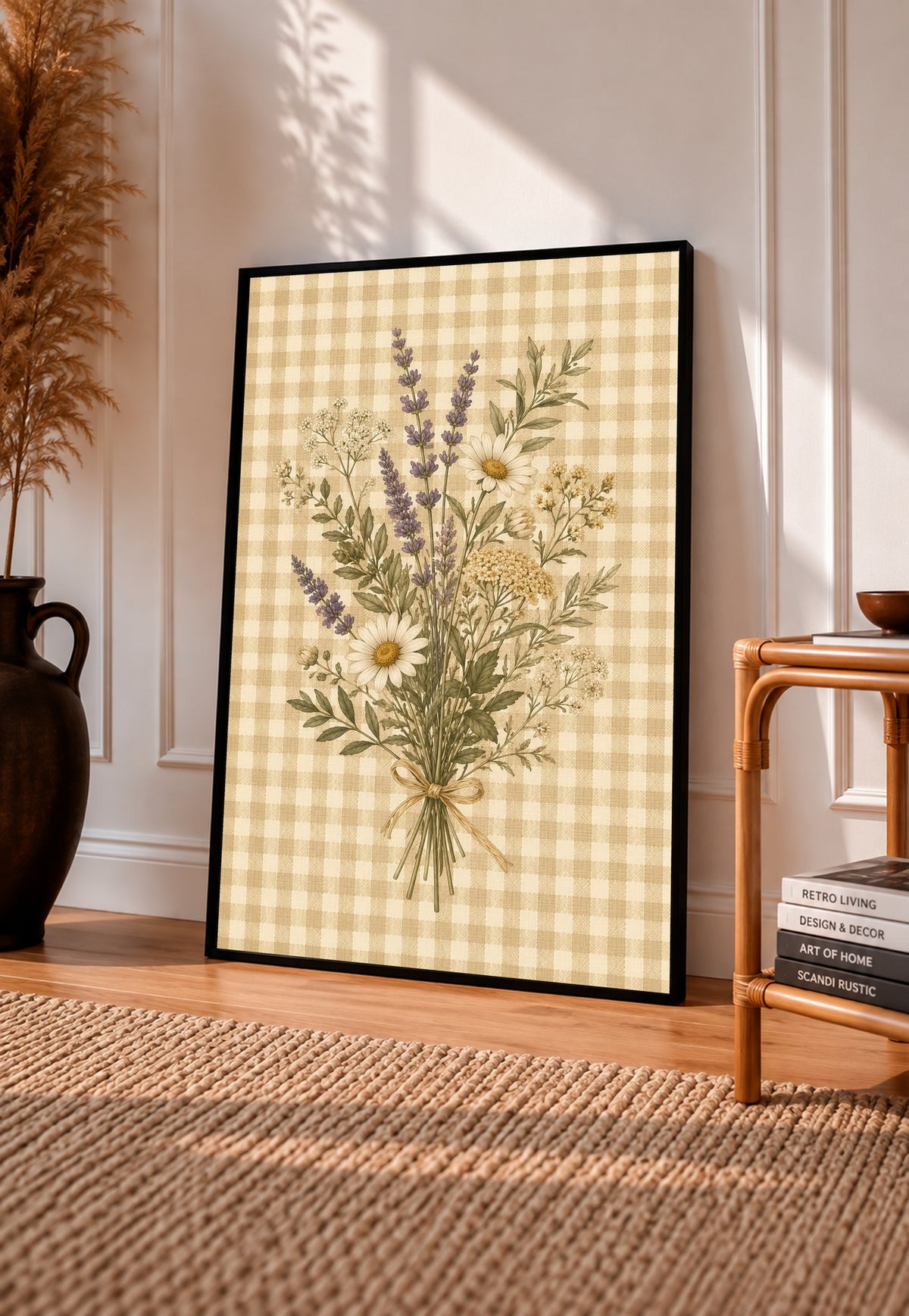 Tied bouquet of daisies lavender toned sprigs and white wildflowers on beige gingham in a black frame leaning on a sunlit wooden floor beside books and a rattan seat