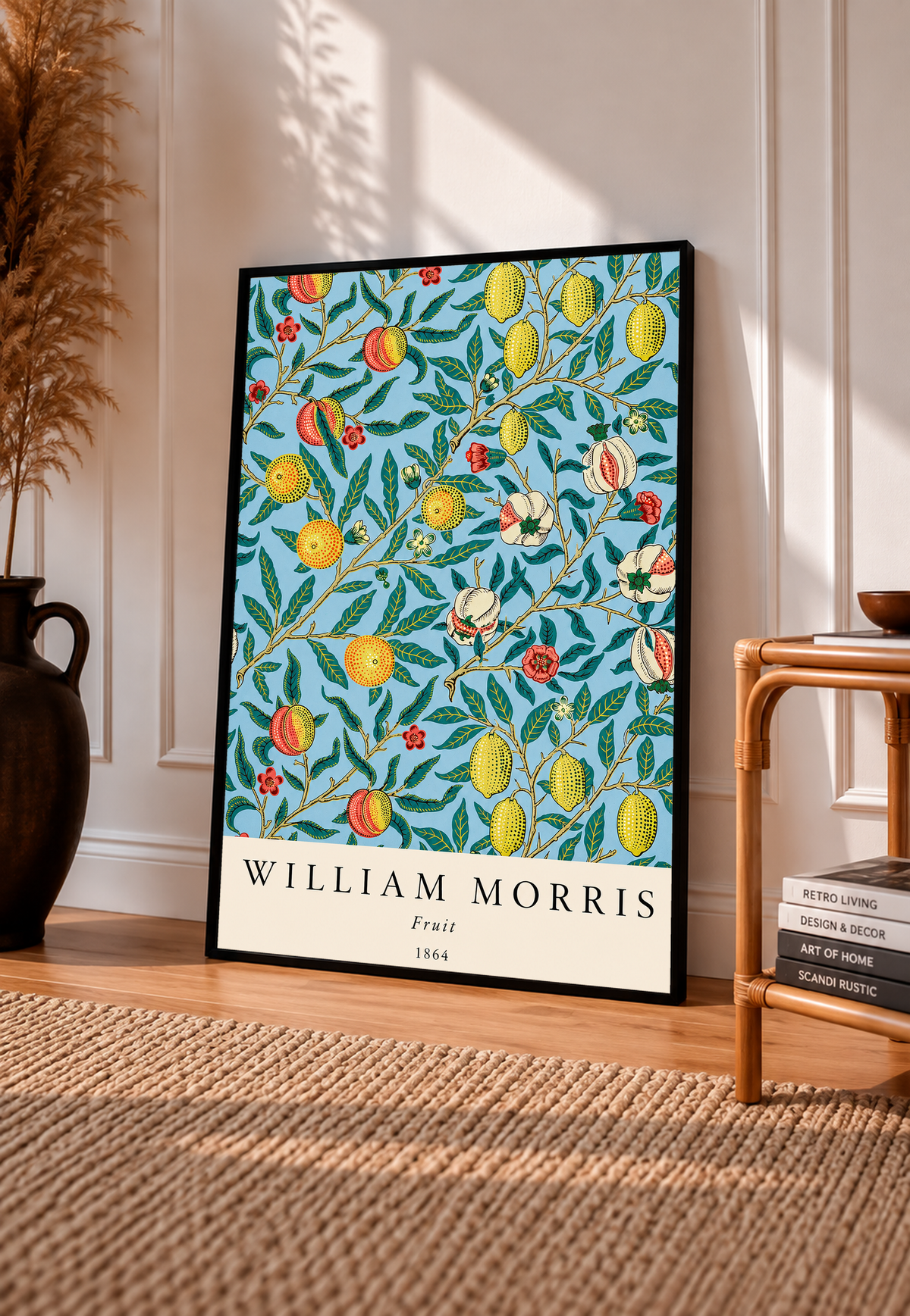 William Morris Fruit botanical pattern with yellow fruit and green leaves on pale blue in a black frame leaning on a pale panelled wall beside a rattan chair