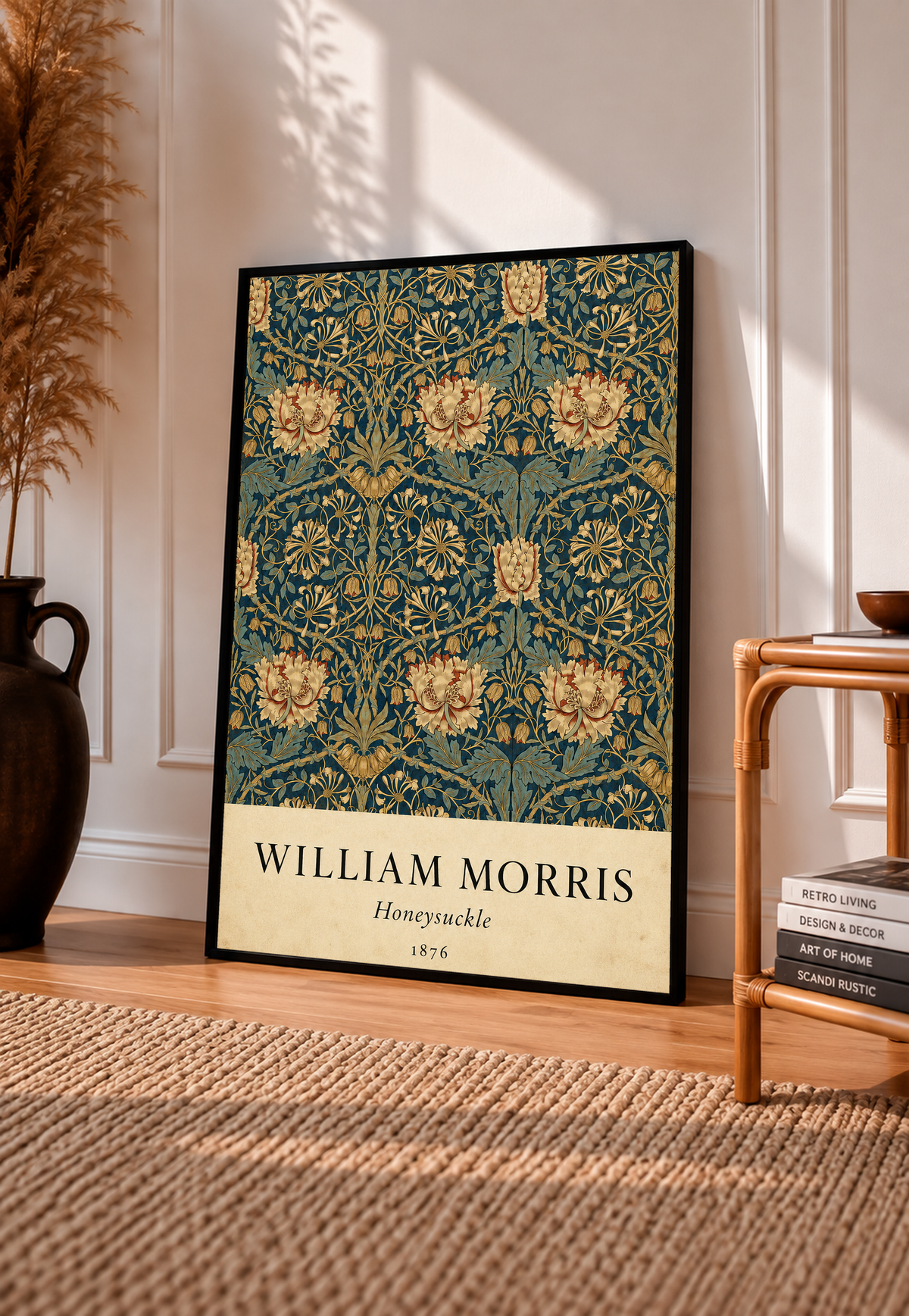 William Morris Honeysuckle floral pattern with gold and pink blooms on dark teal in a black frame leaning on a pale panelled wall beside a rattan chair