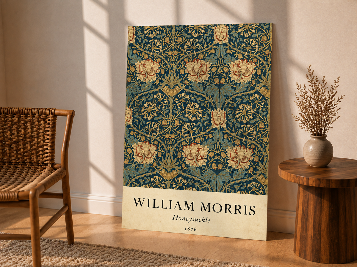 William Morris Honeysuckle floral pattern with gold and pink blooms on dark teal as an unframed display leaning beside a wicker chair and side table