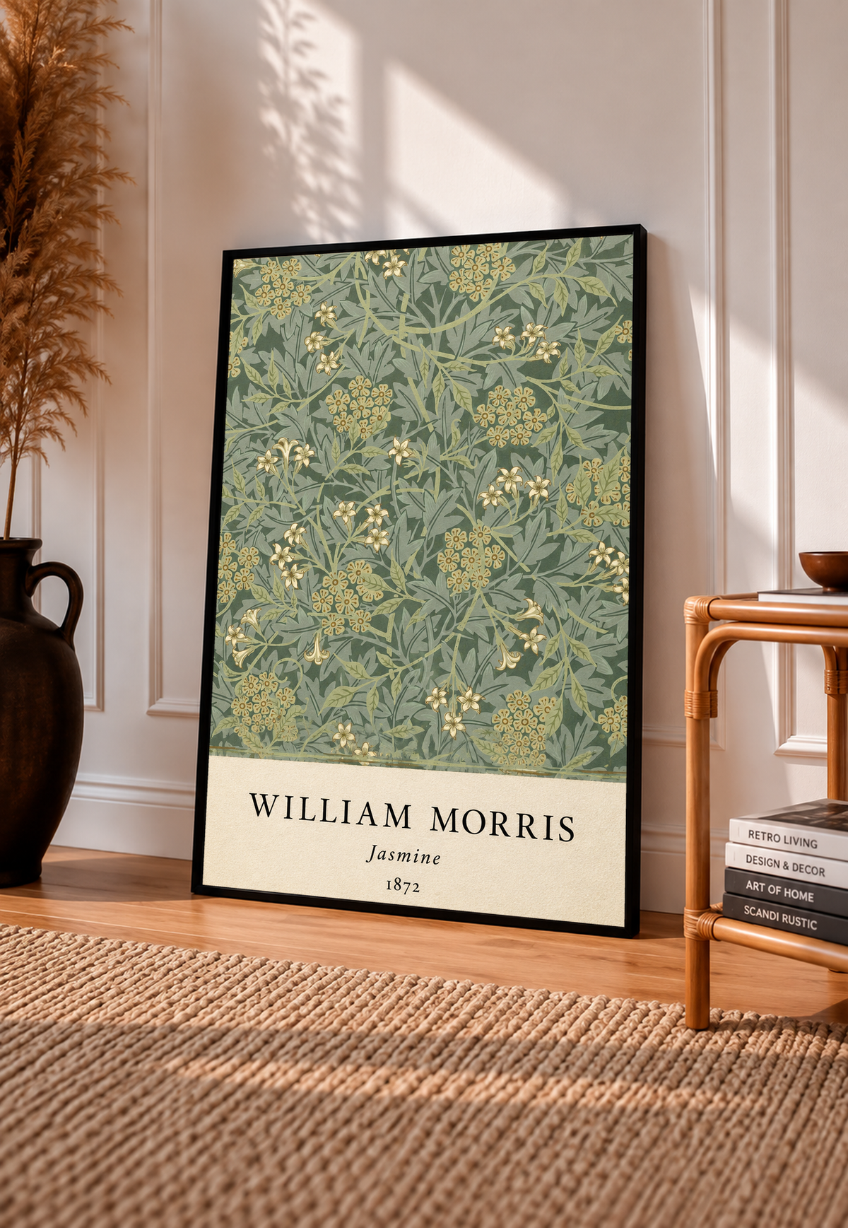 William Morris Jasmine sage and olive foliage with pale yellow flowers in a black frame leaning on a pale panelled wall beside a rattan chair