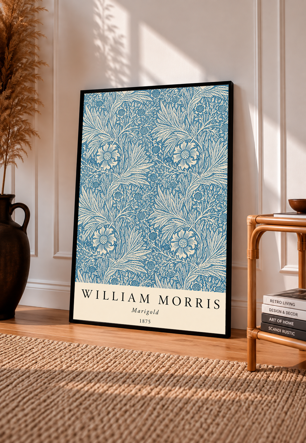 William Morris Marigold blue and cream floral leaf pattern in a black frame leaning on a pale panelled wall beside a rattan chair