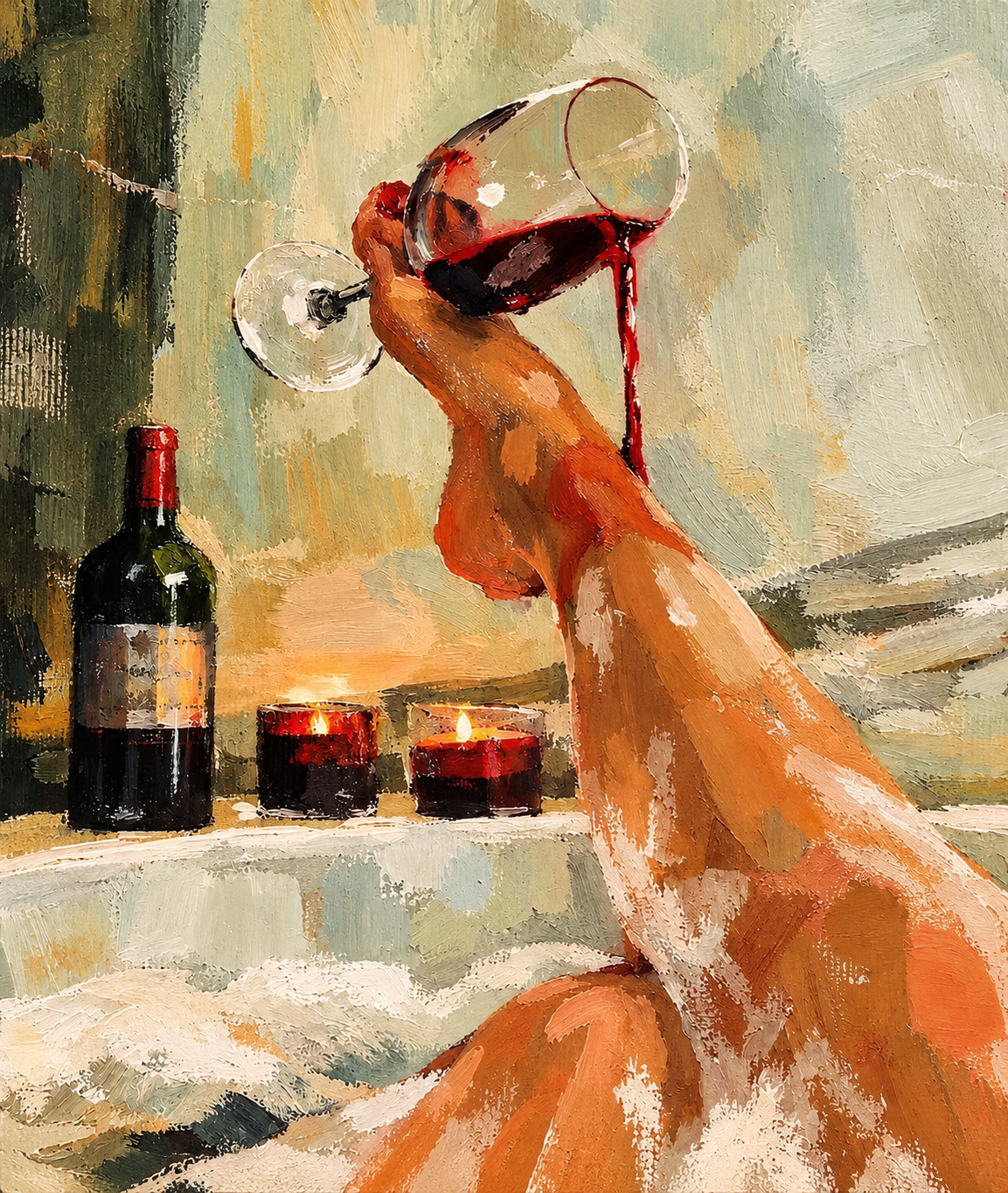 Painterly bathtub scene with bare legs, a tilted red-wine glass, a bottle and candles.