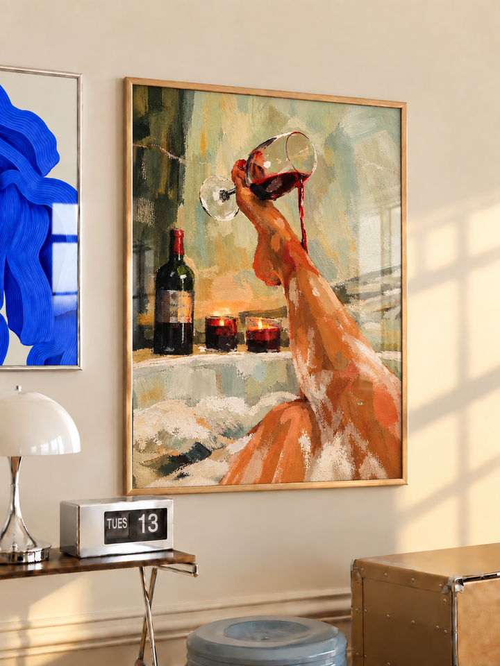 Wood-framed wine and candlelit bathtub illustration above a wooden side table with a white lamp.