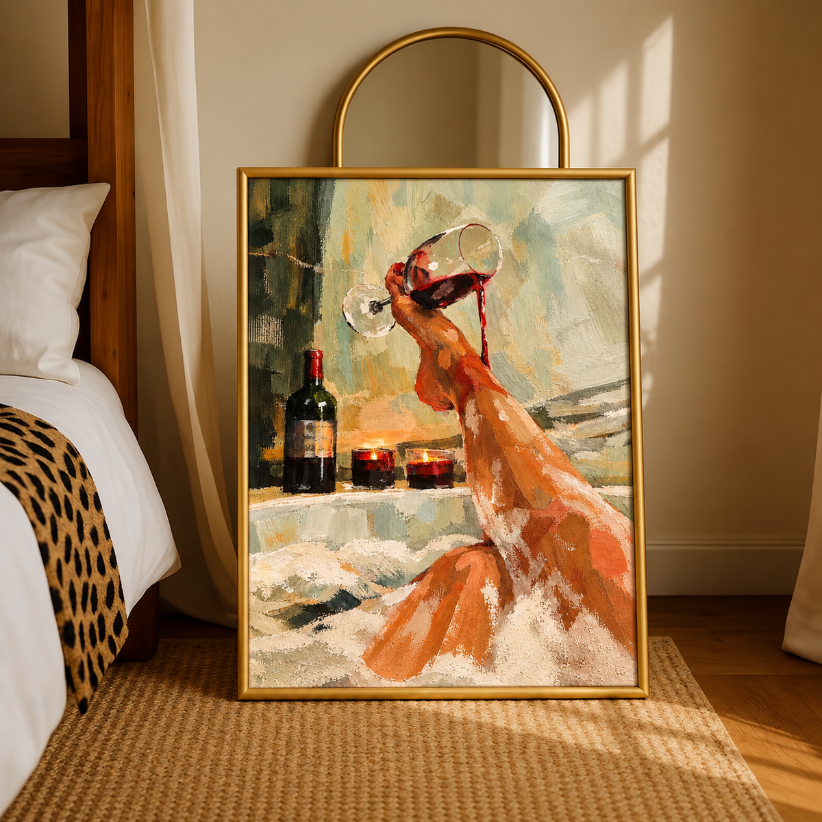 Wine glass and bathtub wall art displayed in styled interior view 3