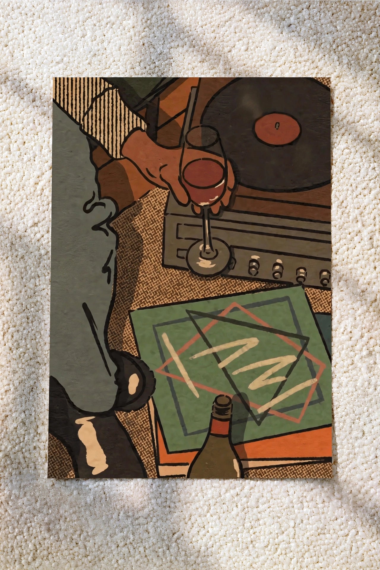 Vintage music wall art print with abstract vinyl record and instruments, dark multicolor