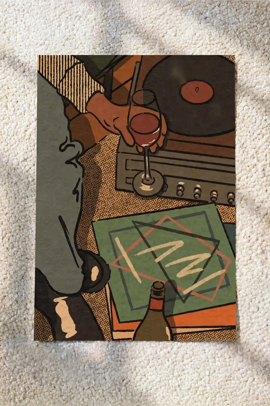 Vintage-Musik-Wandkunstdruck mit abstrakter Schallplatte und Instrumenten in dunklen Mehrfarbtönen