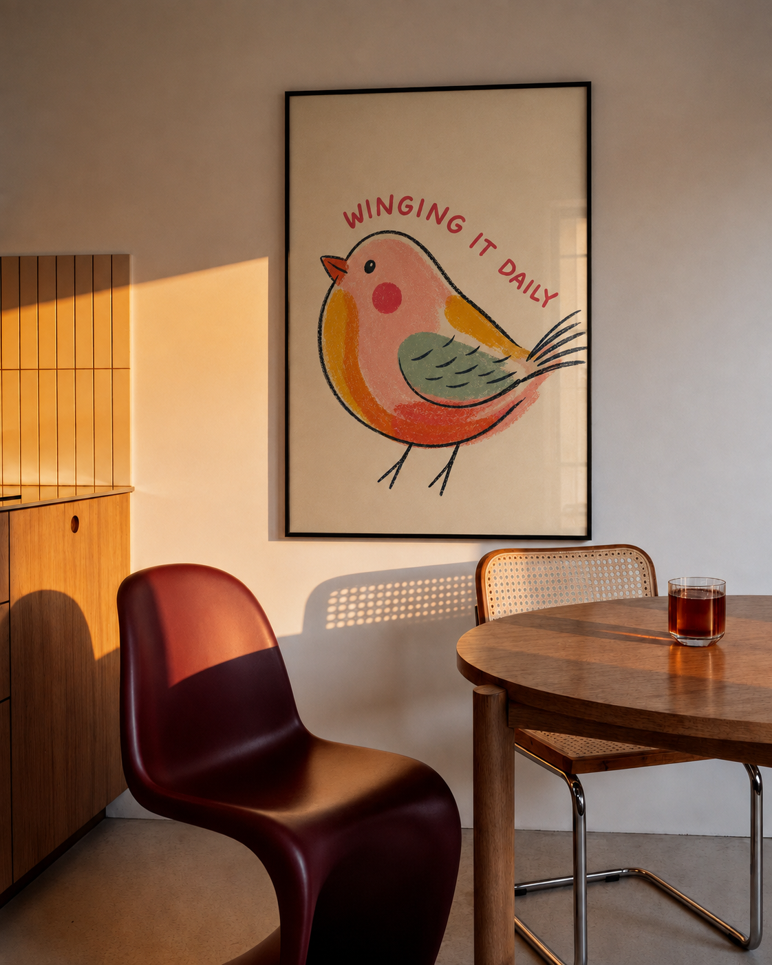 Framed bird wall art with cartoon songbird, red and green body, and arched red text