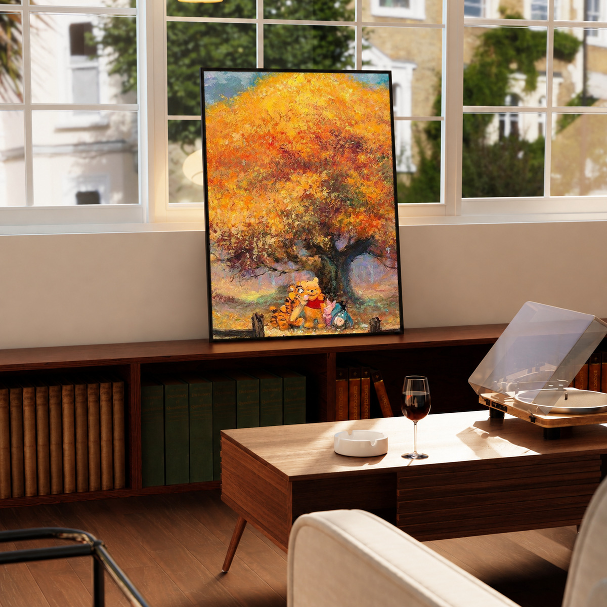Framed autumn tree art print with golden leaves and Pooh & friends on wooden table