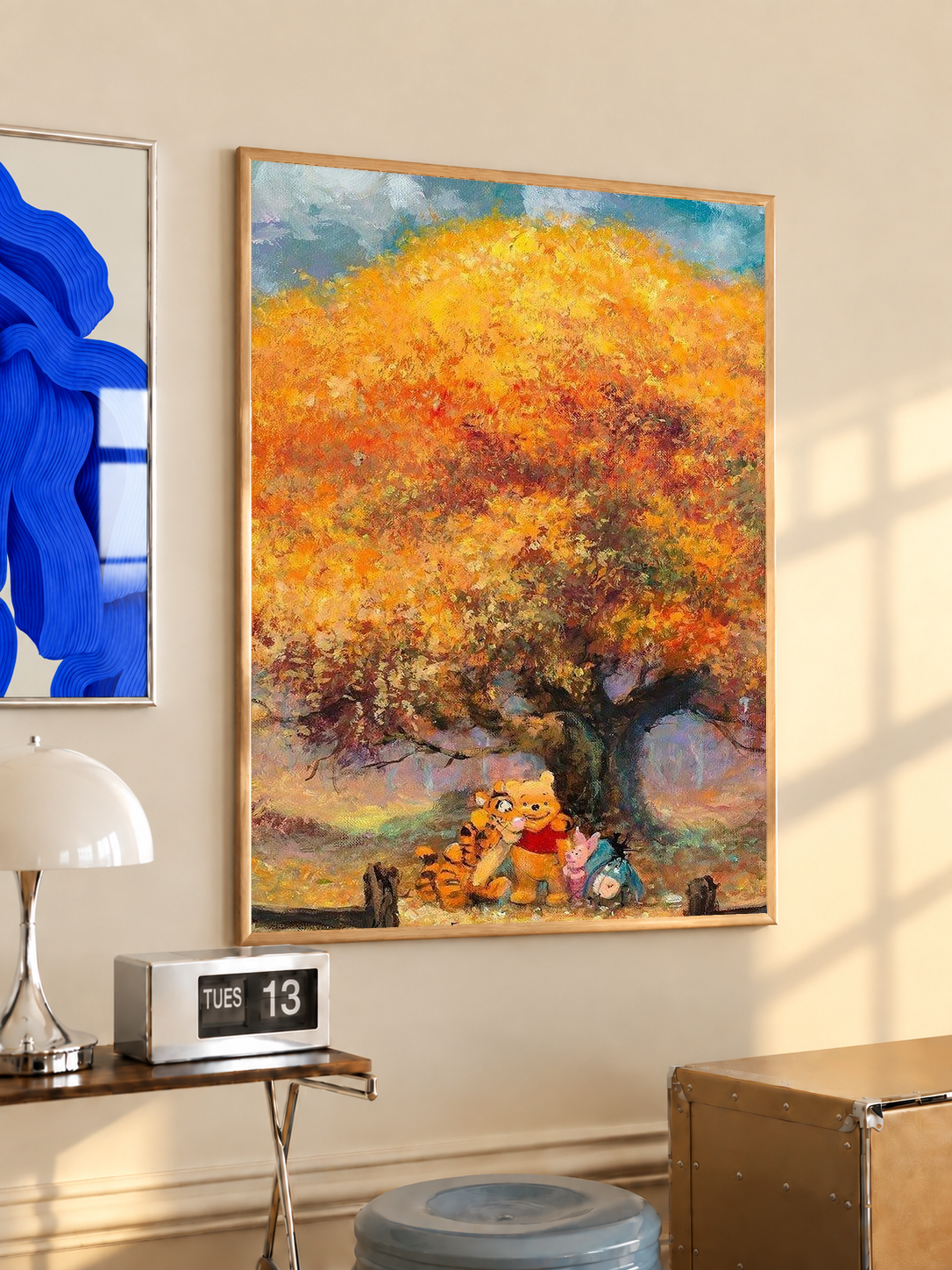 Autumn tree art print with golden leaves and Pooh & friends, wall frame