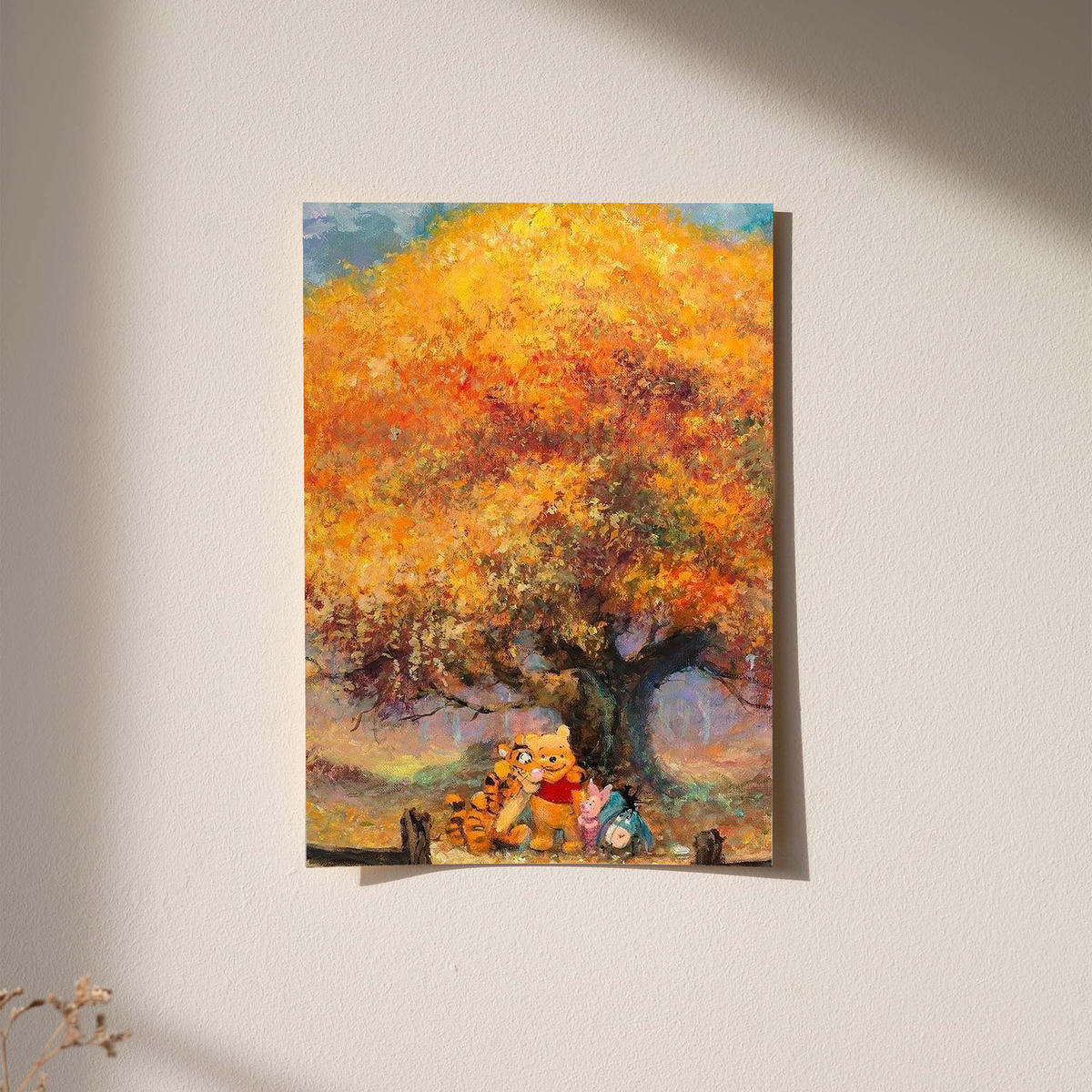 Autumn tree art print with golden leaves and Pooh & friends, small square wall art