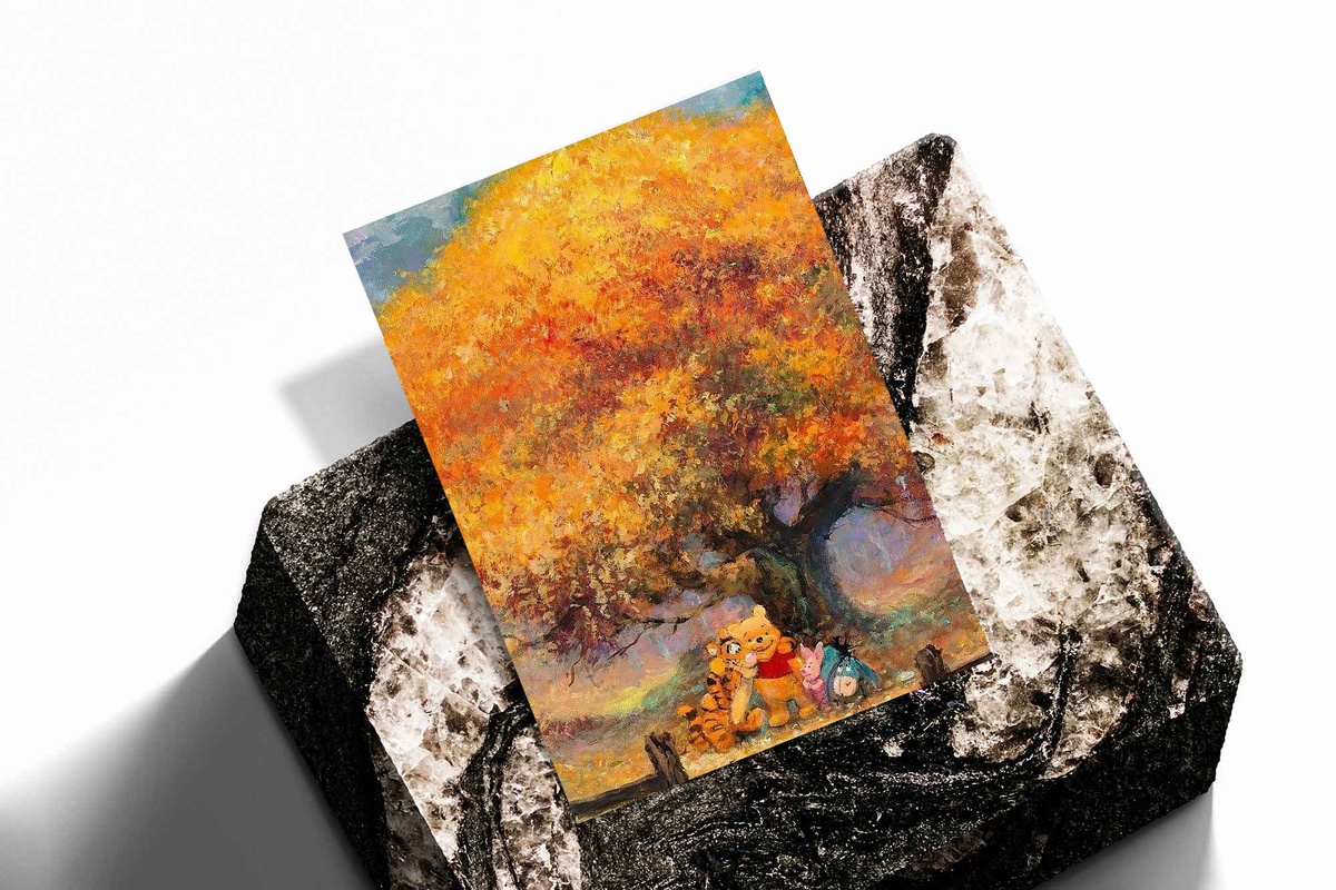 Autumn tree art print with golden leaves and Pooh & friends, vertical poster