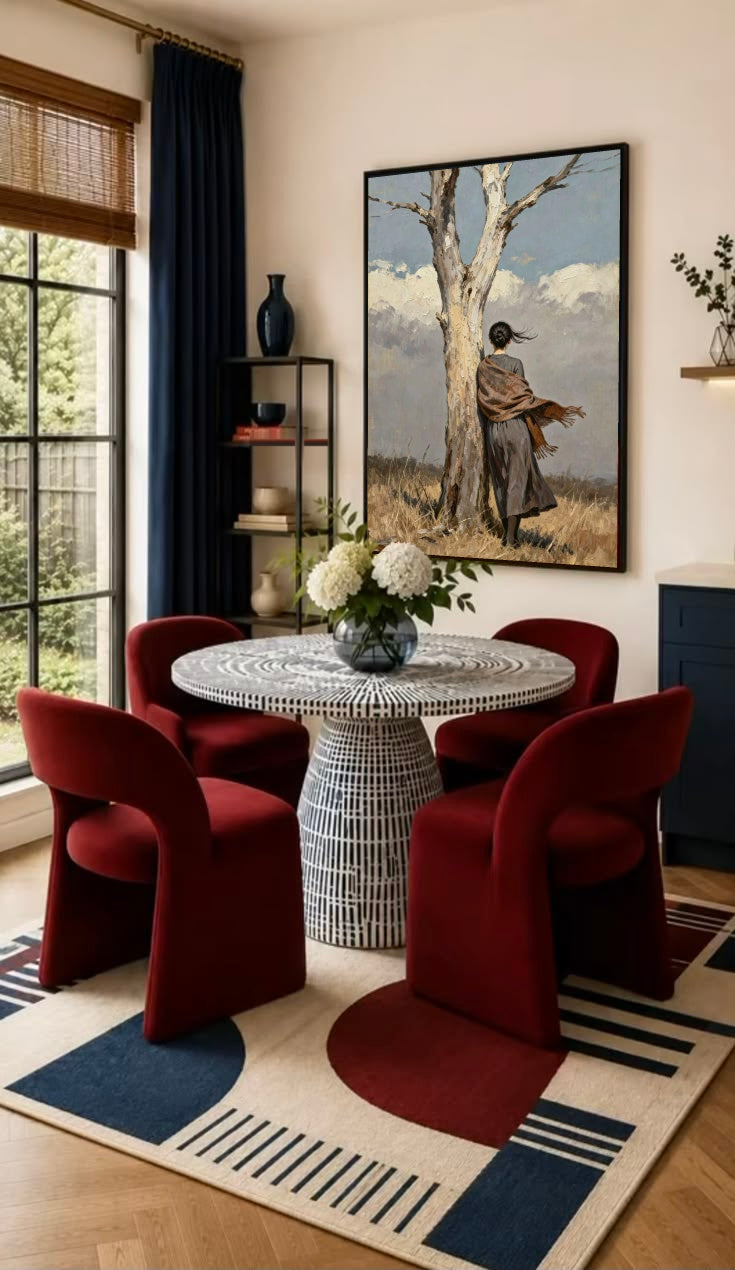 Framed landscape wall art print with a tree and a standing woman in earthy tones
