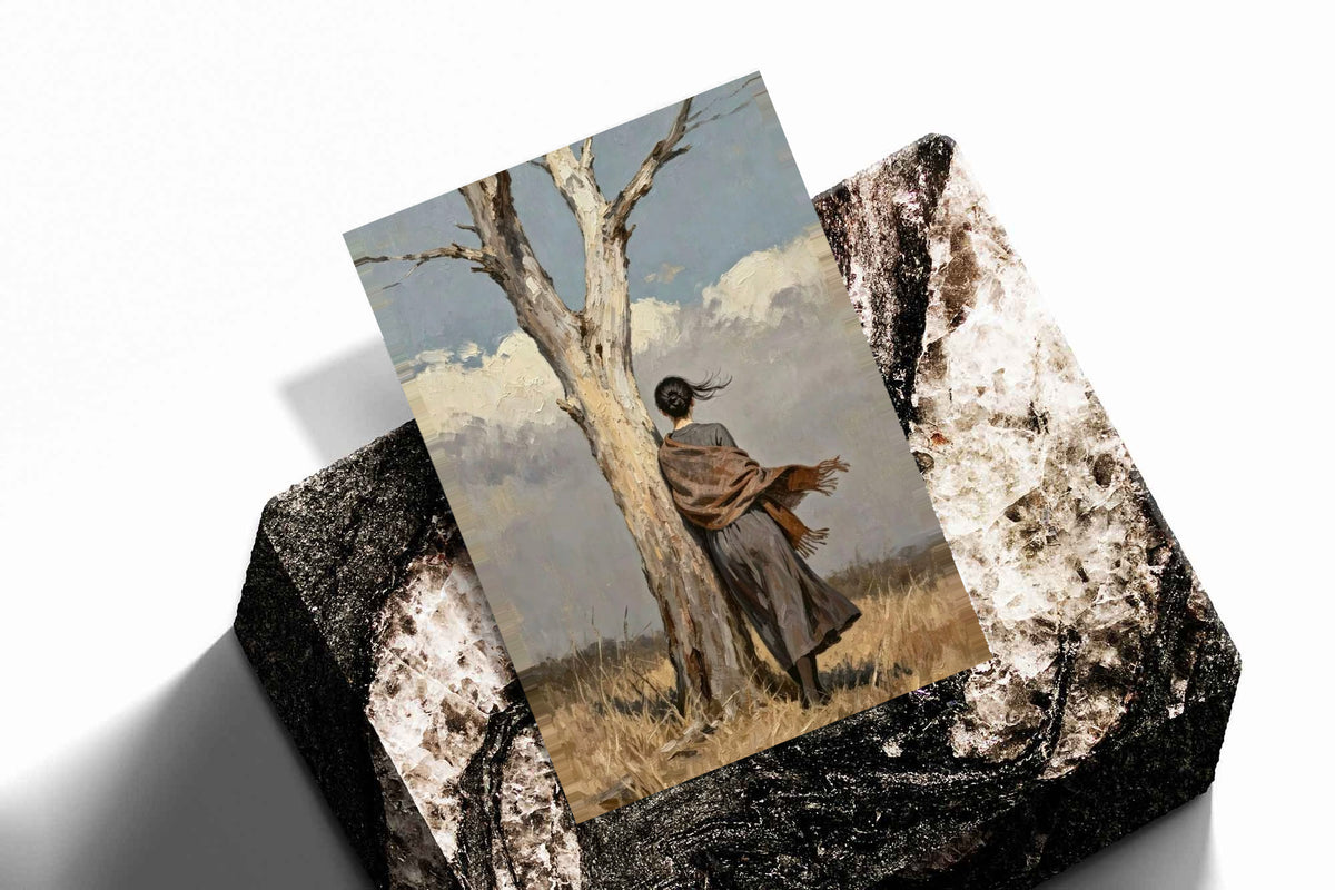 A woman in a long dark dress and brown shawl beside a pale tree in a windswept field as an unframed print resting at an angle on a dark stone display