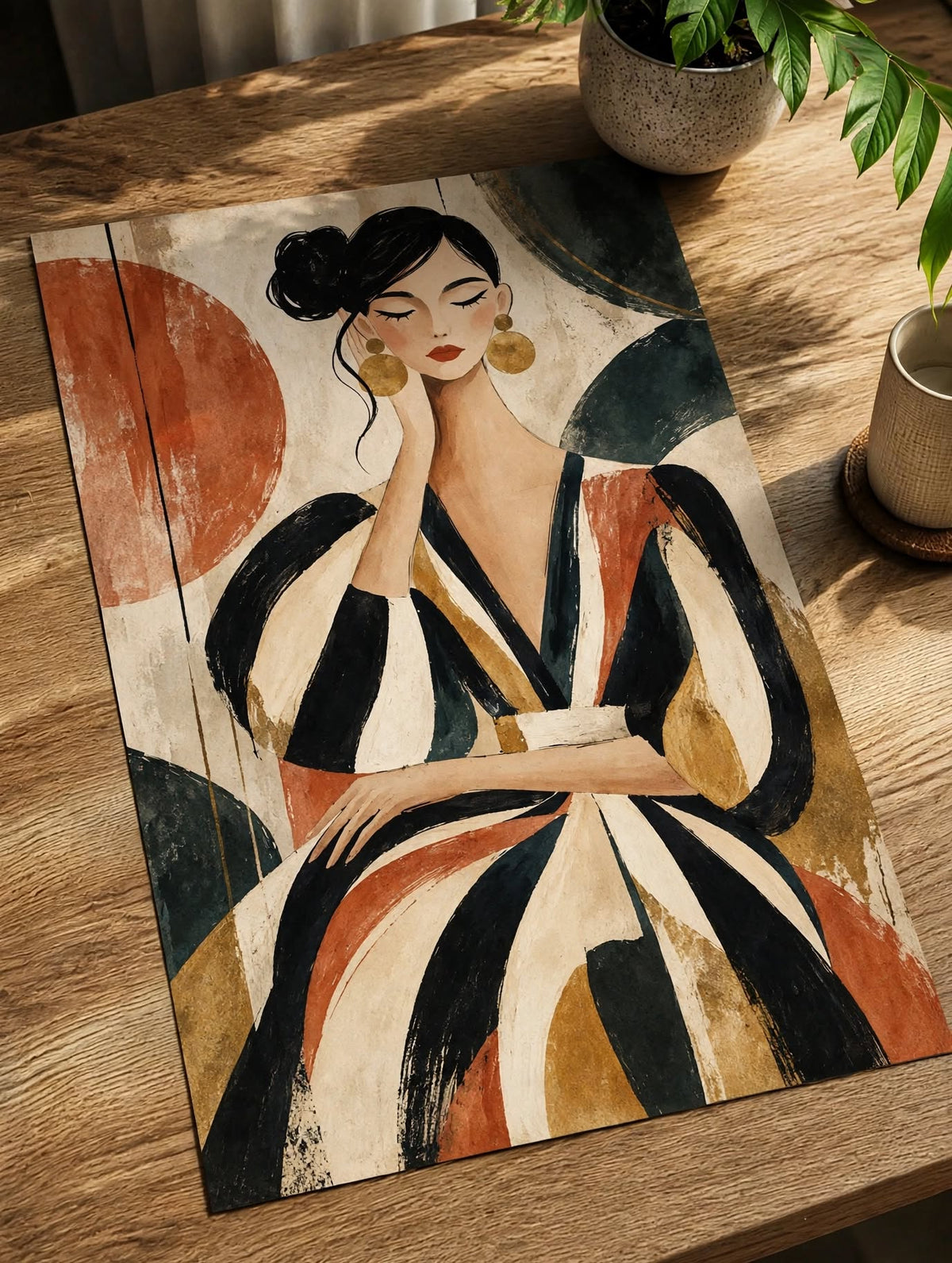 Abstract Woman Art Print photographed flat on a wooden surface to showcase the expressive female figure composition