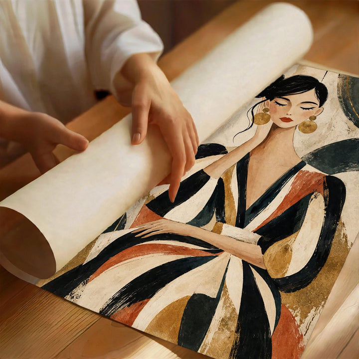 Abstract Woman Art Print held vertically to highlight the curved lines, seated figure and watercolor inspired details