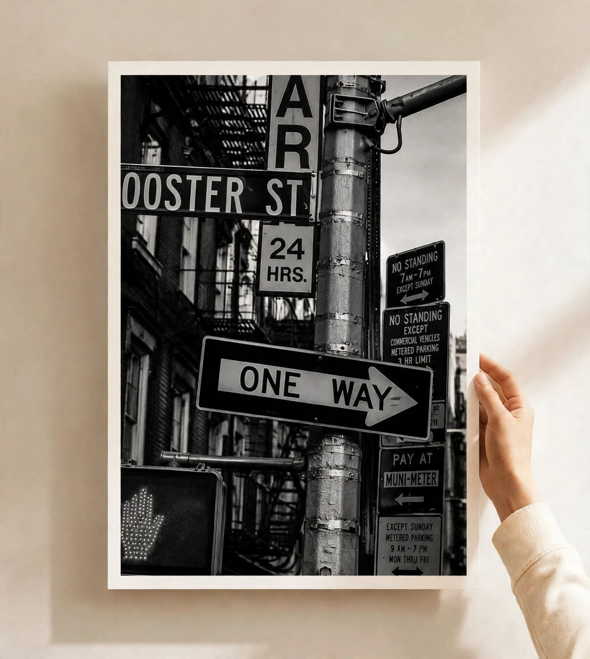 New York Street Sign Art Print styled as graphic Manhattan decor with overlapping signs and architectural textures