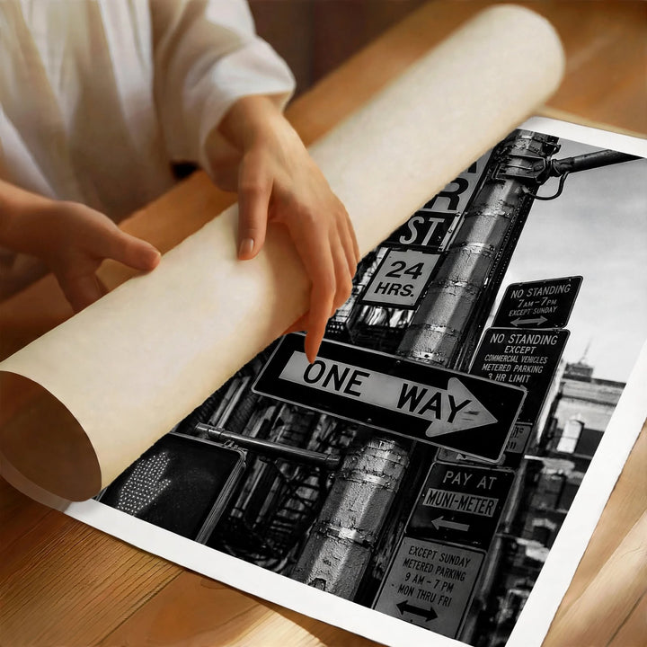 New York Street Sign Art Print presented as a bold monochrome statement piece for an urban inspired room