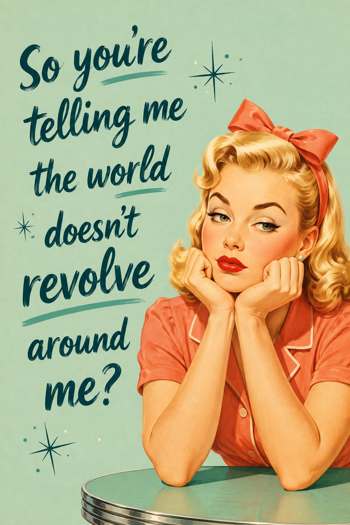 Retro wall art print close-up with blonde woman and quote text on mint teal background