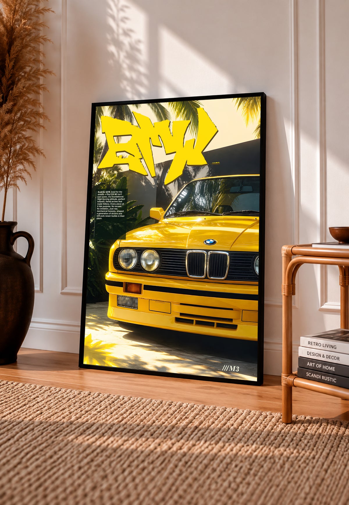 Yellow BMW M3 poster with graffiti lettering and palm shadows in a black frame