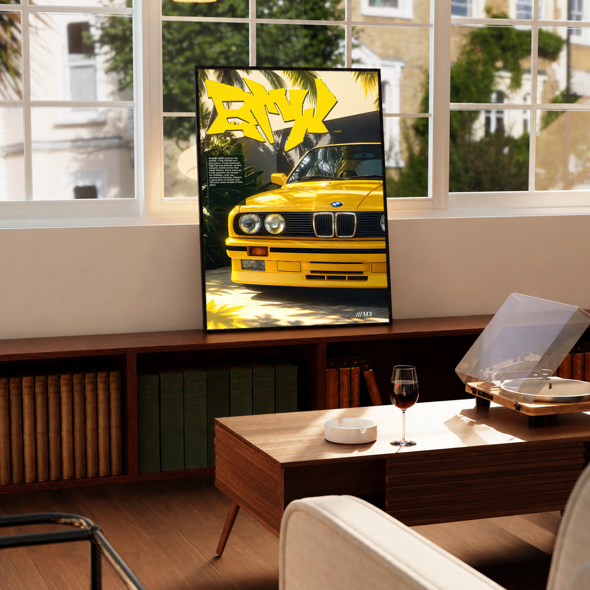 Yellow BMW M3 poster featuring graffiti lettering, palm shadows, and a close-up car view