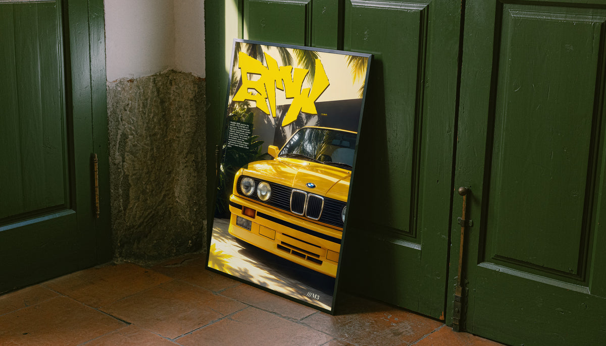 Yellow BMW M3 poster with graffiti lettering and palm shadows, shown at an angle