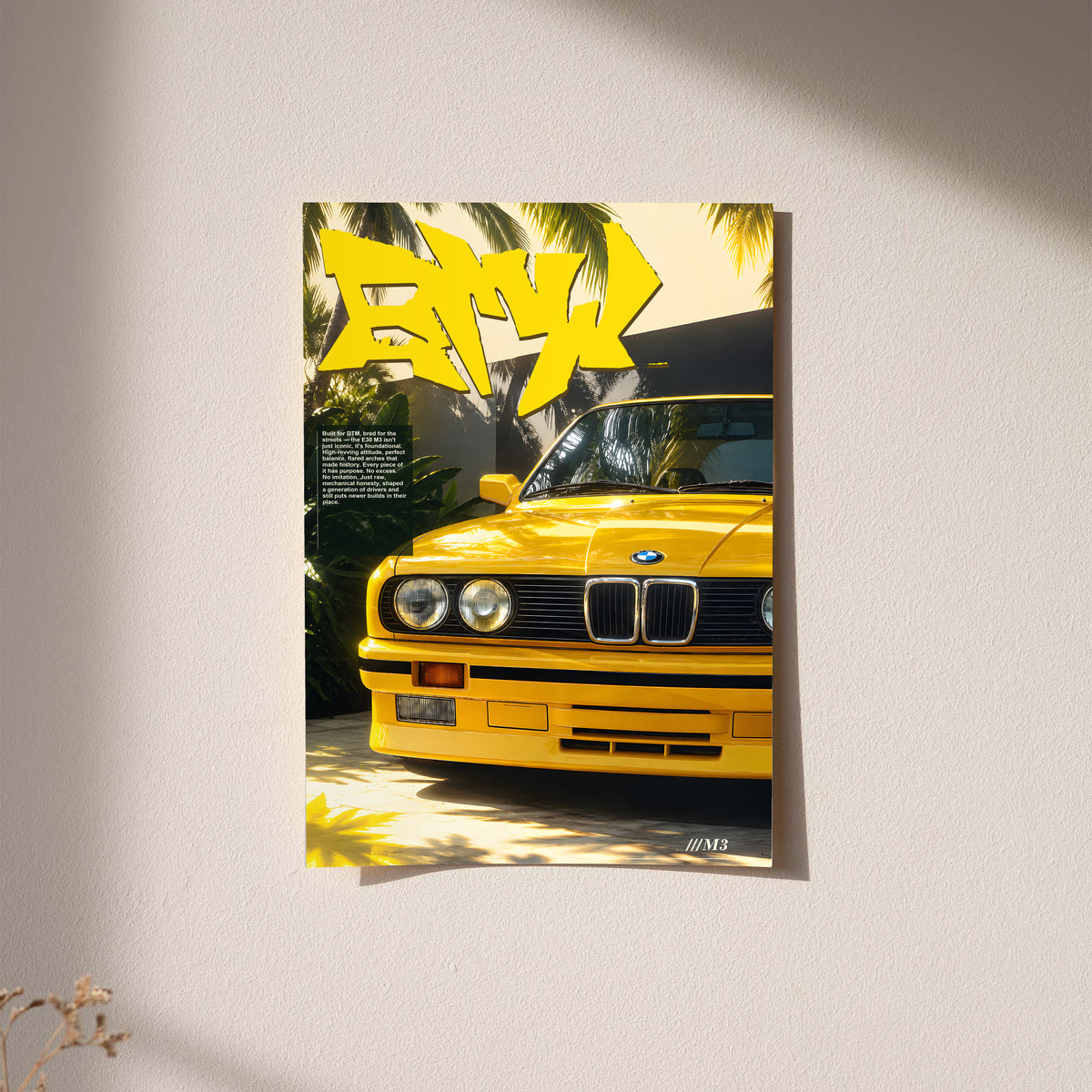 Yellow BMW M3 poster with graffiti lettering and palm shadows, unframed