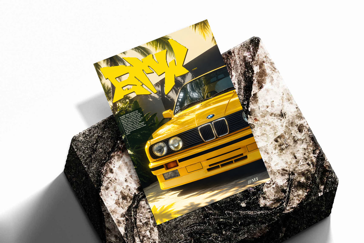 Yellow BMW M3 poster with graffiti lettering and palm shadows, shown diagonally