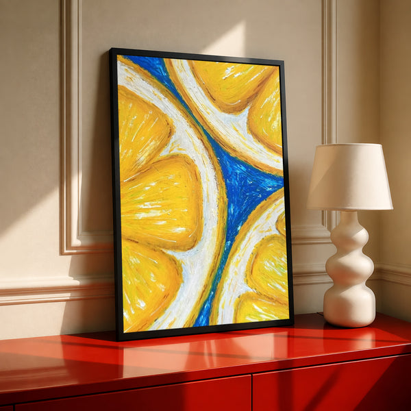 Black framed wall art print with abstract lemon slice shapes in yellow and blue