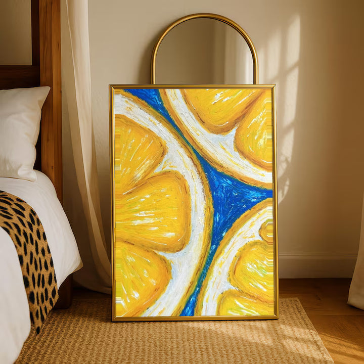 Oversized yellow lemon slices with white rinds against cobalt blue in a gold-tone styling frame leaning beside a bedroom mirror