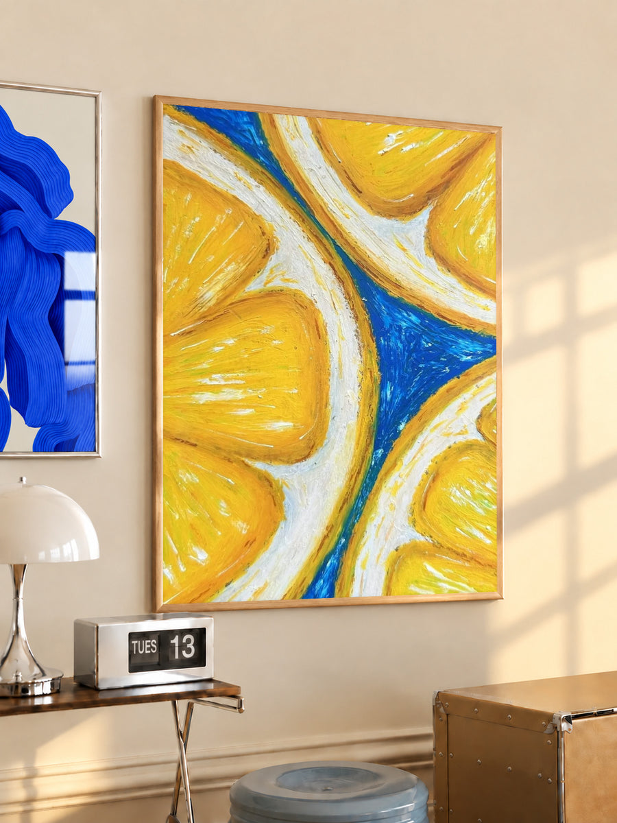 Wood framed wall art with abstract lemon slice shapes in yellow and blue