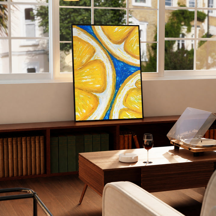 Oversized yellow lemon slices with white rinds against cobalt blue in a black display frame on a wooden console beside a sunlit window