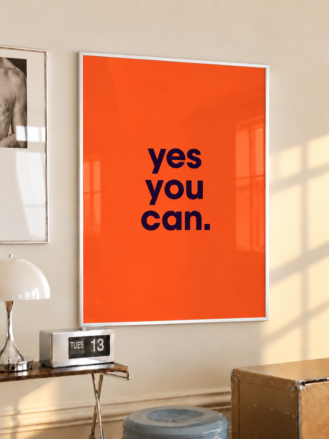 Orange typography wall art poster with black 'yes you can.' text, white border frame