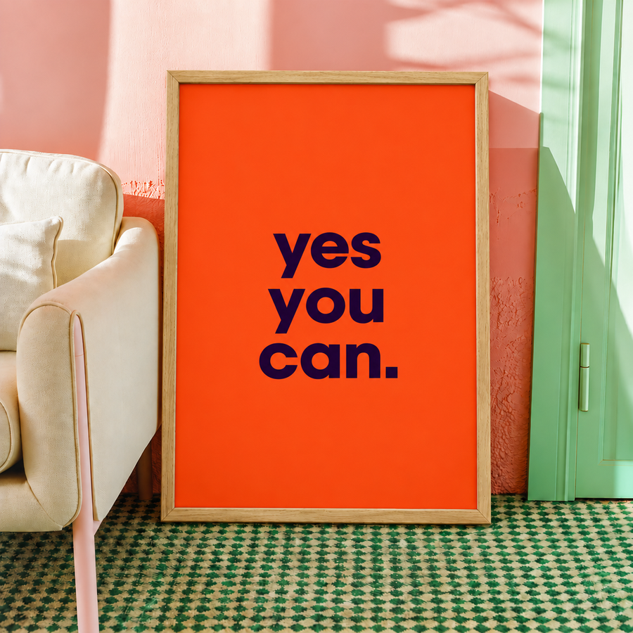 Yes You Can Orange Motivational Typography Wall Art Poster framed home decor mockup