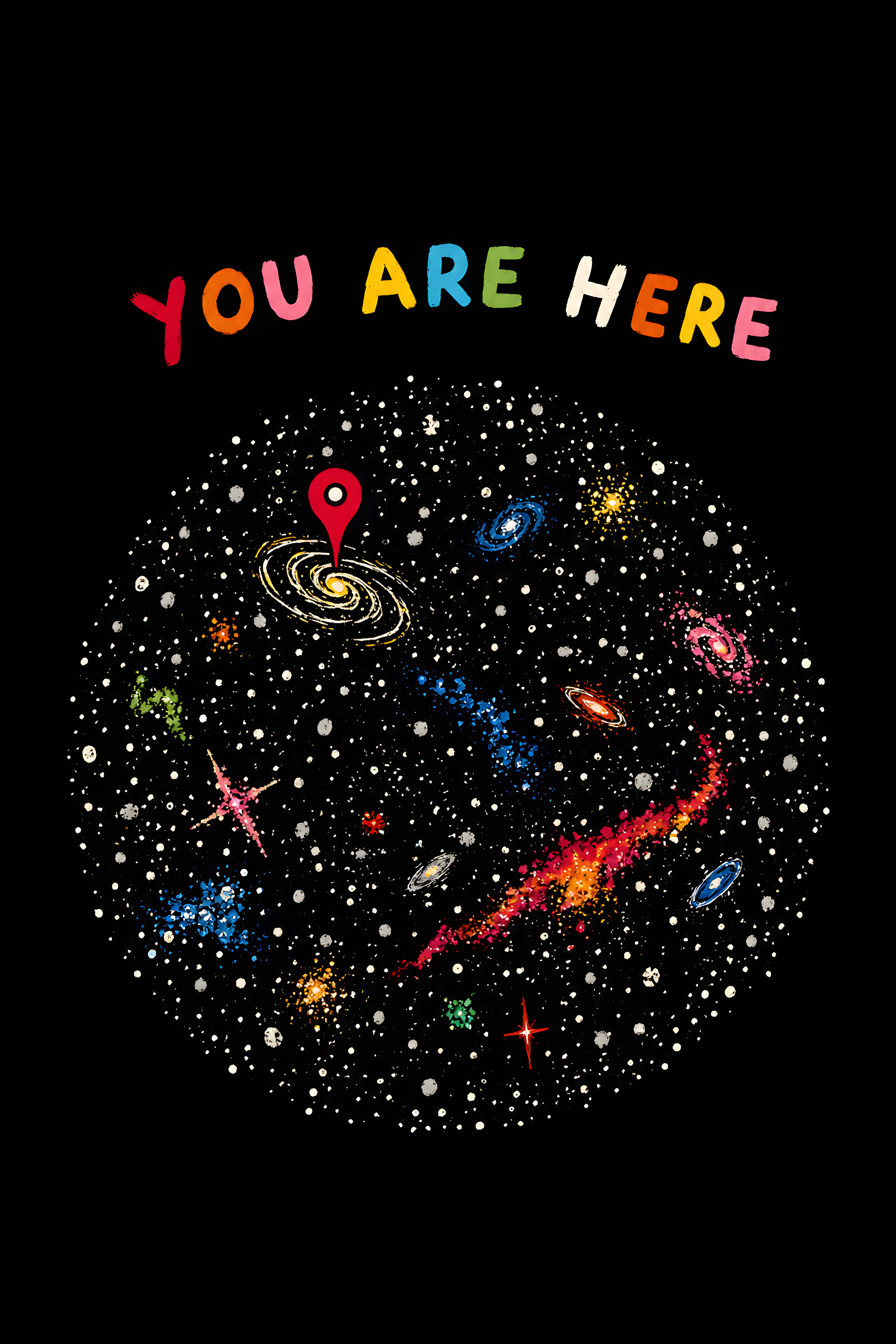 Galaxy map wall art close-up showing 'YOU ARE HERE' lettering and colorful planets on black