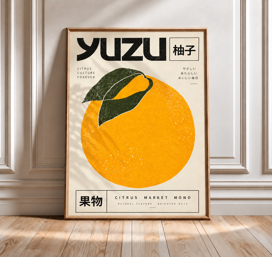 Yuzu Japanese citrus wall art displayed in a modern kitchen and dining interior